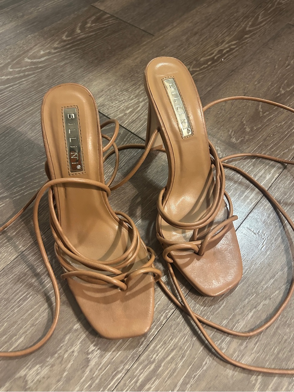Billini Tan Lace-Up Square Toe Heeled Sandals